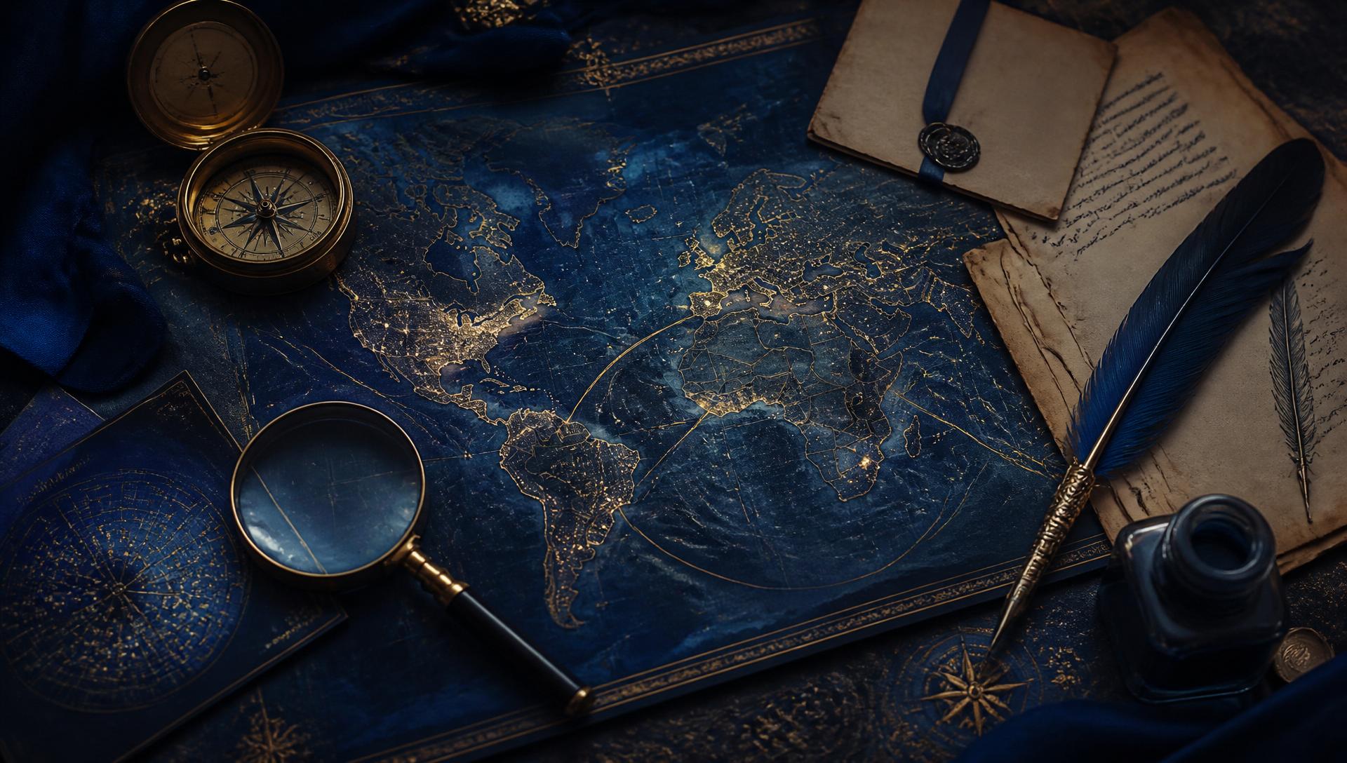 Antique world map with brass compass, quill and archival papers